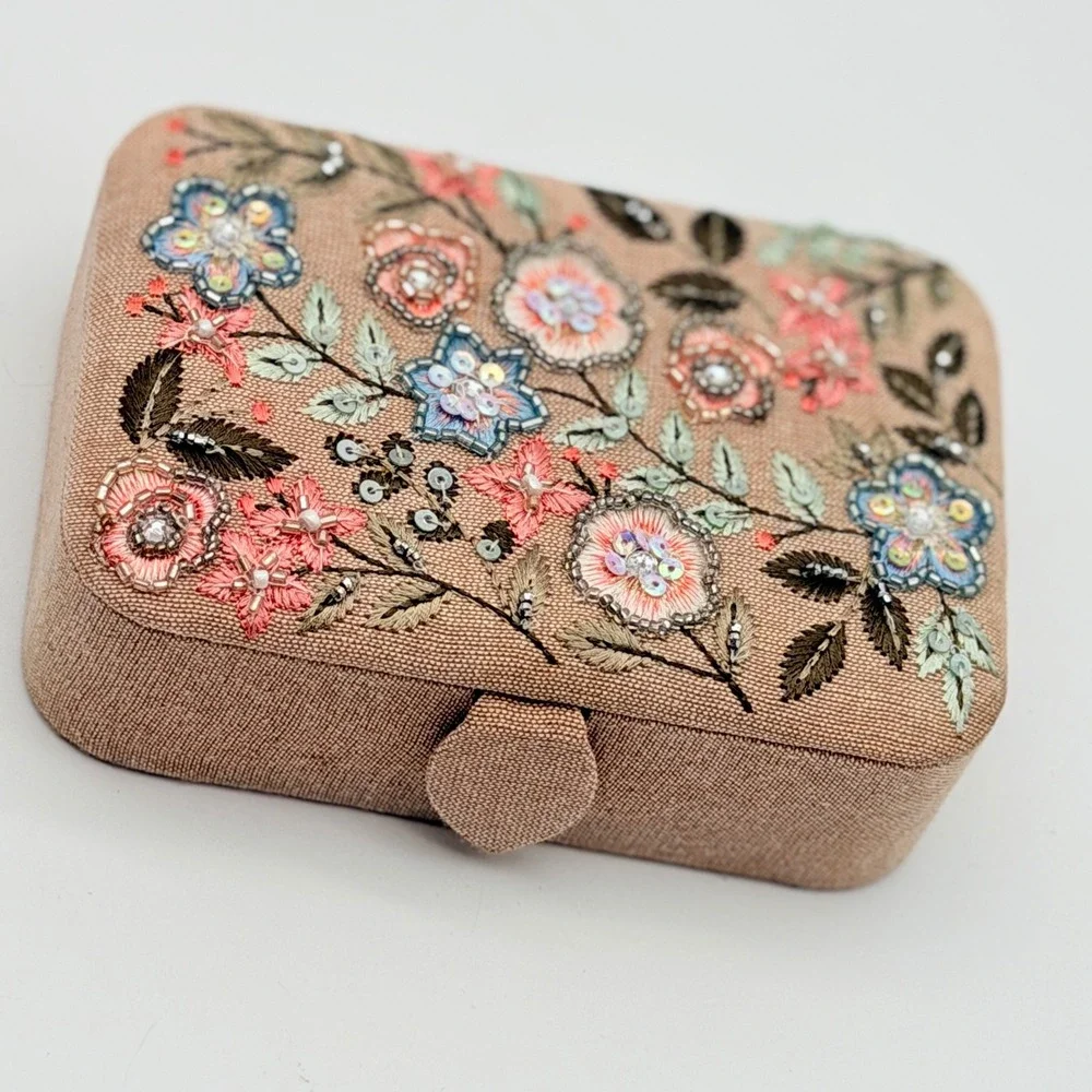 Floral Embroidered Beaded Jewelry Box Travel Case Tan Linen Boho Cottagecore